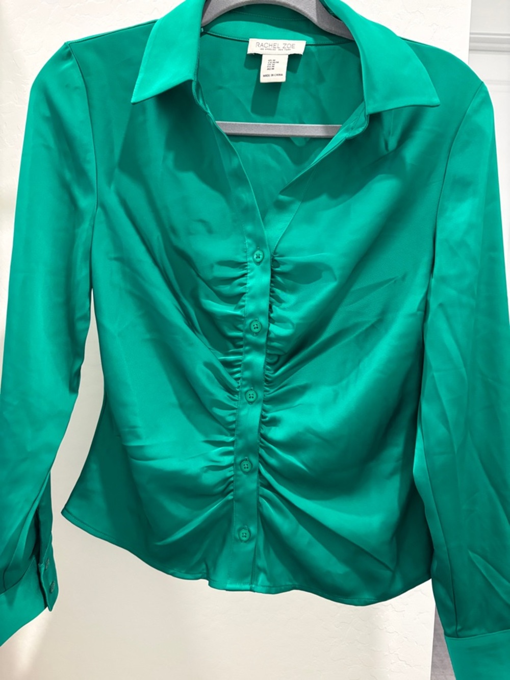 Rachel Zoe Teal Green Ruched Button-Down Silk Blouse